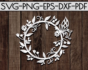 spring wreath papercut template svg file, flower wreath, silhouette, door hangers, vinyl cut, laser vector, silhouette cameo, cricut dxf pdf