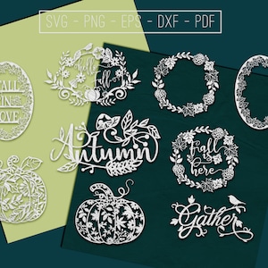9 modelos de corte de papel outono outono arquivo de corte, ideias para presentes de outono, patch de abóbora Svg, vetor de laser, folhas SVG, silhueta, Cricut, DXF, PDF