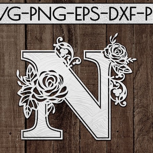 modèle floral de coupe de papier de police n, coupe laser, idées de cadeau de jour de mariage, svg de mariage, carte, imprimable, silhouette de cercle, cricut, dxf, eps, png