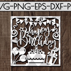 Archivos de corte SVG de feliz cumpleaños, plantilla de corte de papel de cumpleaños, tarjeta de cumpleaños de bricolaje, corte de papel con marco de fiesta, cameo de silueta, cricut dxf eps png