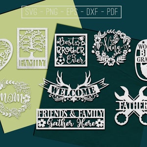 9 modelos de corte de papel familiar, arquivo de corte, ideias para presentes de inauguração, irmão Svg, vetor a laser, cartão de árvore genealógica, silhueta, Cricut, Dxf Pdf