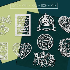 Arquivo de corte de modelos de corte de papel de feliz aniversário, ideias para presentes, arte de parede de vinil, vetor a laser, arte em papel para decoração de festa, silhueta, Cricut DXF, SVG