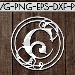modelo de corte de papel monograma c, corte a laser, monograma de quadro de círculo de videira, nome de família svg, design de chaveiro, silhueta, cricut, dxf, eps, png
