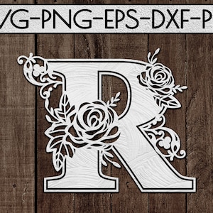 modèle floral de coupe de papier de police r, coupe laser, idées de cadeau de jour de mariage, svg de mariage, carte, imprimable, silhouette de cercle, cricut, dxf, eps, png