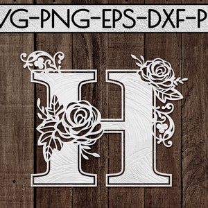 modèle floral de coupe de papier de police h, coupe laser, idées de cadeau de jour de mariage, svg de mariage, carte, imprimable, silhouette de cercle, cricut, dxf, eps, png