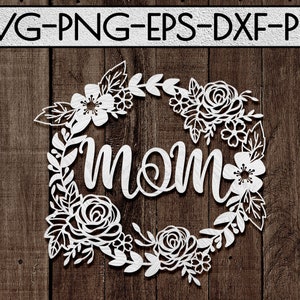 mom flower papercut template svg file, mother&#39;s day card, mum birthday clipart,  commercial use, laser vector, silhouette, cricut dxf, pdf
