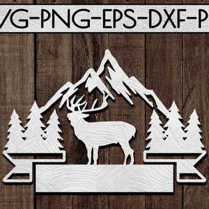 customizable wild reindeer papercut template svg file, vinyl cut file, laser vector, summer, adventure scenery, silhouette, cricut, dxf, pdf