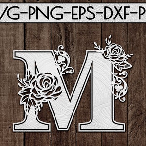 modelo de corte de papel de fonte floral m, corte a laser, ideias para presentes de dia de casamento, svg de casamento, cartão, para impressão, silhueta de círculo, cricut, dxf, eps, png