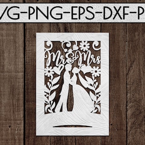 Personnalisable Mr And Mrs Paper Cut Template, Mariage Svg, Fiançailles, Signe de mariage, Conception de couverture de carte, Viny Cut Files, Cricut, DXF, EPS, PNG