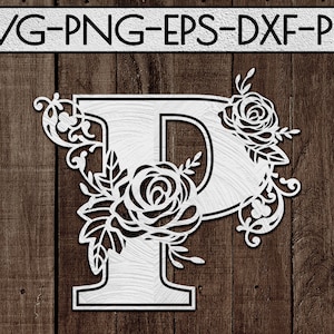 modèle floral de coupe de papier de police p, coupe laser, idées de cadeau de jour de mariage, svg de mariage, carte, imprimable, silhouette de cercle, cricut, dxf, eps, png