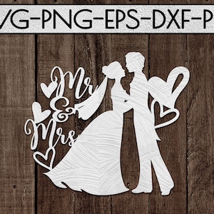 Mr And Mrs Silhouette Papercut Template, Marriage SVG, Engagement, Wedding Sign, Cake Topper Design, Vinyl Cut Files, Cricut, DXf, EPS, PDF