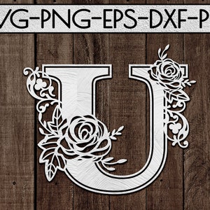 modèle floral de coupe de papier de police u, coupe laser, idées de cadeau de jour de mariage, svg de mariage, carte, imprimable, silhouette de cercle, cricut, dxf, eps, png