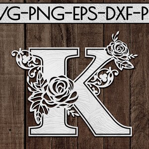 modèle floral de coupe de papier de police k, coupe laser, idées de cadeau de jour de mariage, svg de mariage, carte, imprimable, silhouette de cercle, cricut, dxf, eps, png