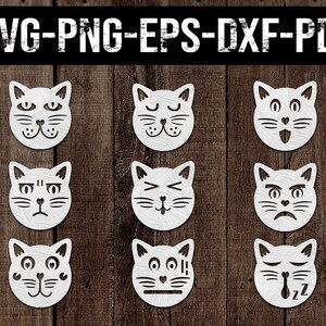 Modelos de corte de papel de emoticon de rosto de gato, arquivo de corte, ideias para presentes, parede de vinil, vetor de laser, animal de estimação, decoração de casa de gatos, silhueta, Cricut, DXF, SVG