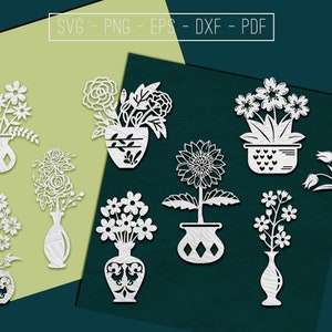 Flores em vaso 9 modelos de corte de papel Arquivo de corte, ideias para presentes de primavera, decoração de jardim, planta Svg, vetor de laser, silhueta, Cricut, SVG DXF PDF