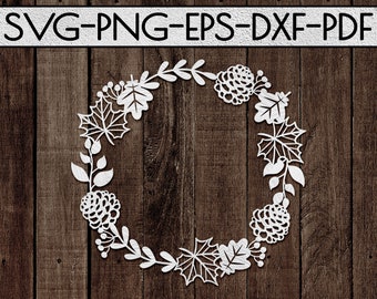 autumn wreath papercut template svg file, home decor, fall clipart, door hangers, commercial use, laser vector, silhouette, cricut, dxf, pdf