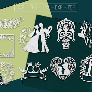Modelos de corte de papel de casamento Arquivo de corte, noivado, placa de casamento, ideias para presentes, parede de vinil, vetor de laser, silhueta, Cricut, Svg, Dxf, Pdf
