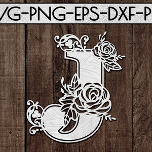 modèle floral de coupe de papier de police j, coupe laser, idées de cadeau de jour de mariage, svg de mariage, carte, imprimable, silhouette de cercle, cricut, dxf, eps, png