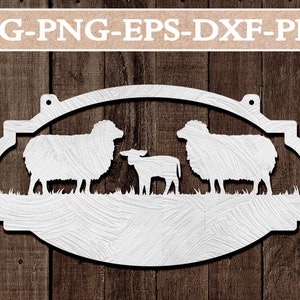 Modèle personnalisable de découpe de papier de ferme de moutons, découpé au laser, ferme SVG, conception d'accroche-porte, vie à la ferme, signe de la ferme, Silhouette, Cricut, DXF, PNG