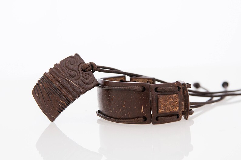 Unisex Hand Carved Jewelry Wood Pendant One of a kind Jewelry Set Modern Woodworking Wood Bracelet The Wizard Of Coconut Shell Jewelry