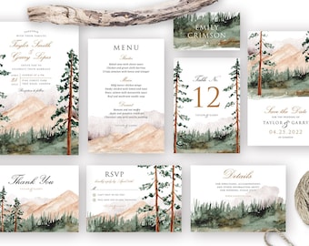 Mountain View Wedding, Mountain Wedding, Outdoor Wedding Invitation, Invitation Download, Table Number, Menu, Save the Date