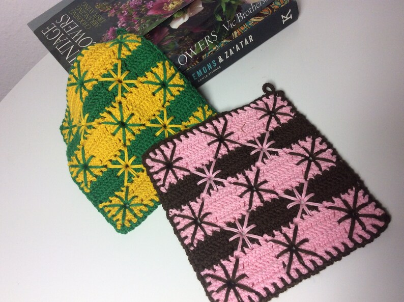 Vintage crochet potholders multicolored 70s handmade boho style