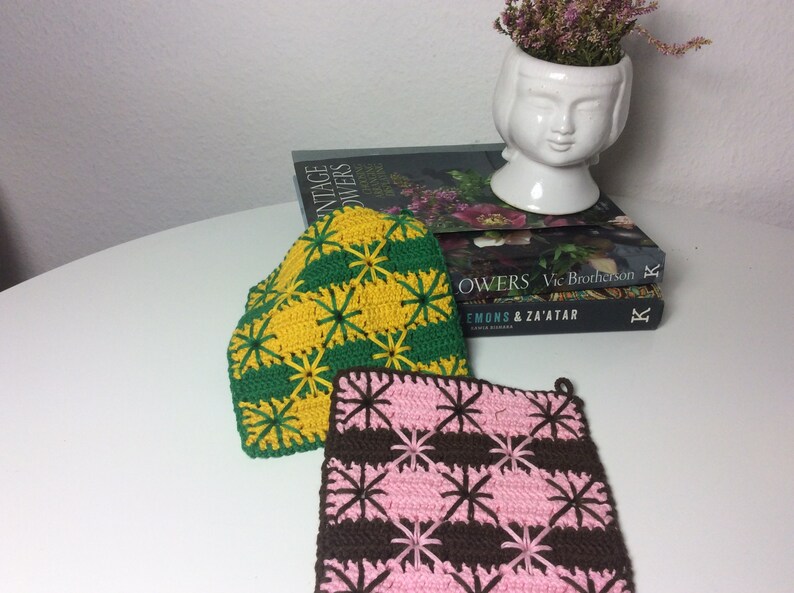 Vintage crochet potholders multicolored 70s handmade boho style