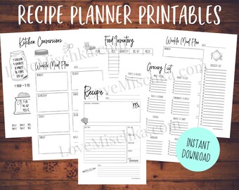 Recipe Printable - Instant Download - Recipe Planner Insert - Recipe Binder Insert - Meal Planning - Grocery List - Conversion Chart | Menu
