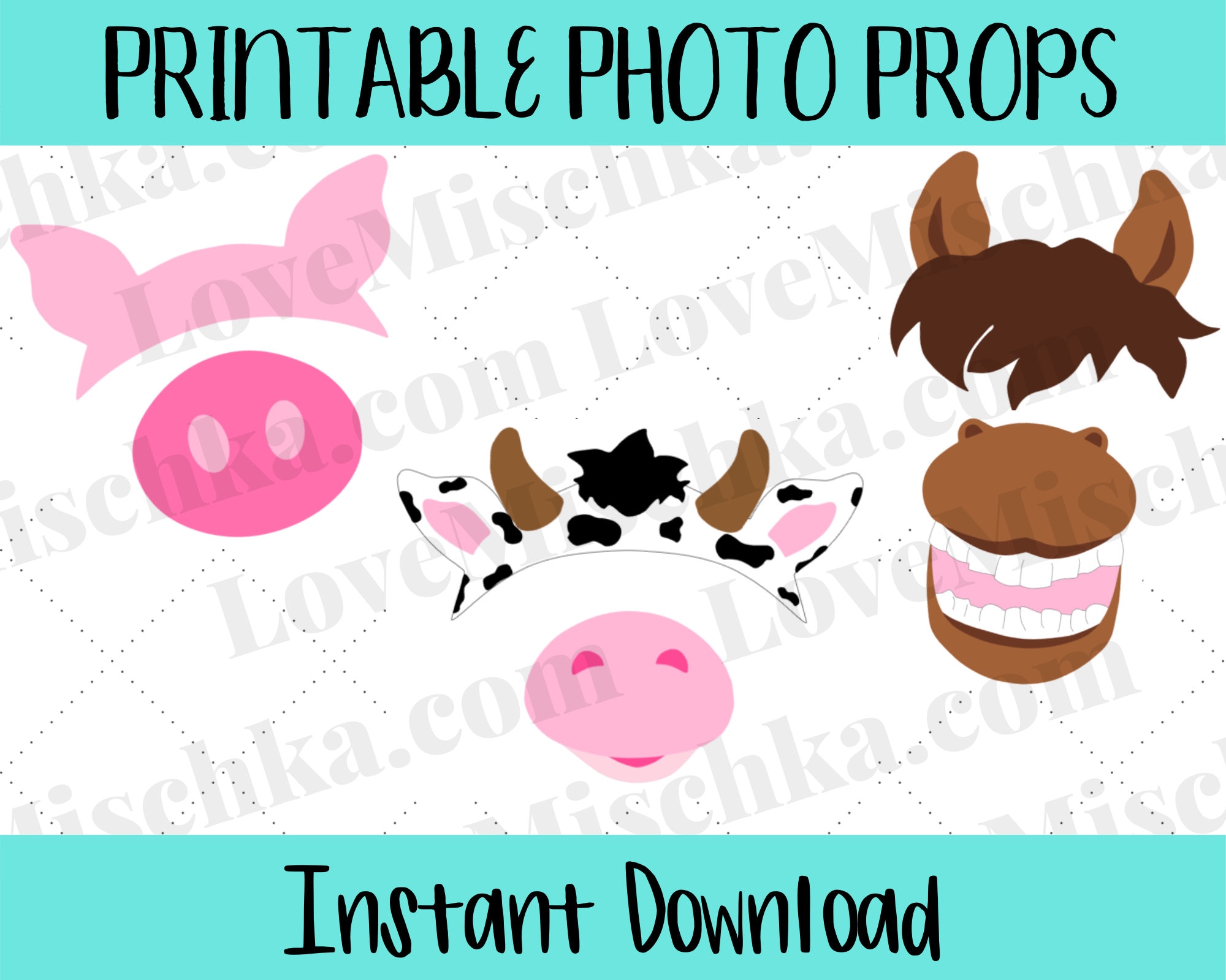 Set of Printable Barnyard Photo Props Farm Animals Party Props Photobooth Birthday Baby Shower Instant Horse Cow Pig