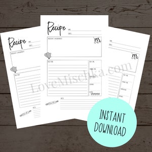 Recipe Printable Instant Download Recipe Planner Insert Recipe Card Recipe Binder Insert Meal Planning Print at Home Recipe Card image 1