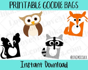 Set of Printable Woodland Goodie Bags / Forest Animals / Woodland Creatures / Baby Shower / DIY / Birthday / Raccoon, Fox, Skunk, Owl