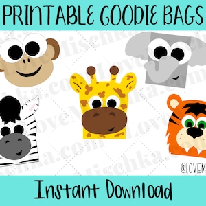 May include: Printable goodie bags featuring animal faces: a monkey, zebra, giraffe, elephant, and tiger. The bags are designed for a jungle or safari themed party.