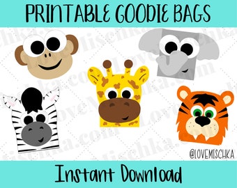 Set of Printable Safari Goodie Bags / Zoo Party Favor Gift Bags / Baby Shower / Birthday / Jungle / Monkey, Tiger, Elephant, Zebra, Giraffe