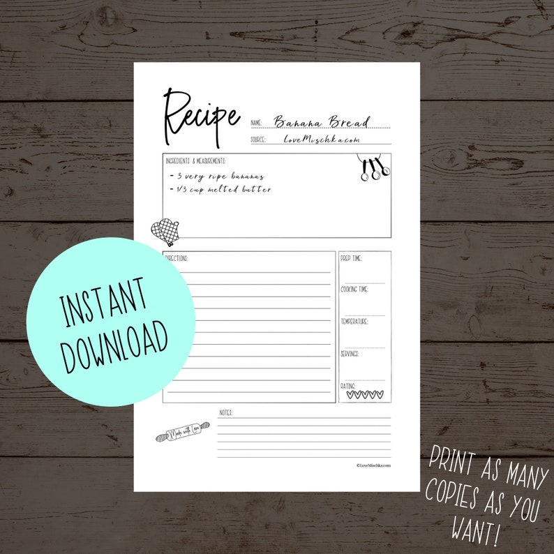 Recipe Printable Instant Download Recipe Planner Insert Recipe Card Recipe Binder Insert Meal Planning Print at Home Recipe Card image 2