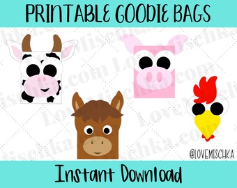 Set of Printable Barnyard Goodie Bags / Farm Party Favor Gift Bags/ DIY / Birthday / Baby Shower / Cow / Horse / Rooster / Pig