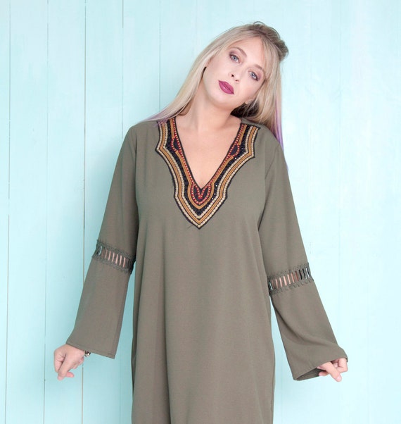 olive green midi dress with sleeves