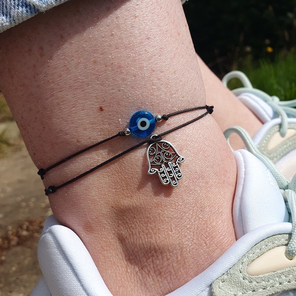 Evil Eye & Hamsa Hand Anklets, Black Cord Anklets with Sliding Knots, Evil Eye Anklet, Hamsa Hand Anklet, Good Luck Gift, Protection Anklets