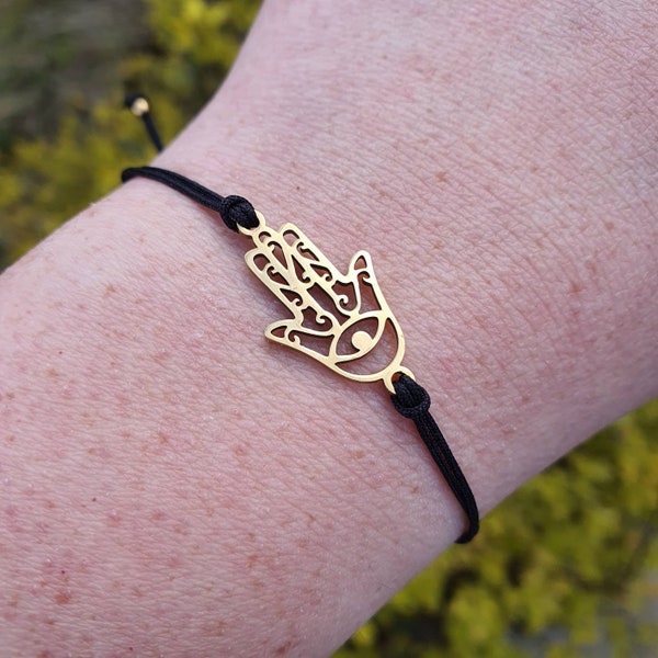 Hamsa Hand Bracelet, Adjustable Black Cord Bracelet, Gold Stainless Steel, Non Tarnish, Hand of Fatima, Hamsa Bracelet, Good Luck Bracelet