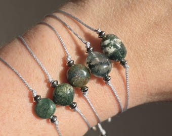 Green Moss Agate Bracelet, Stainless Steel Beads, Moss Agate Jewelry, Moss Agate Beaded Bracelet, Moss Agate Crystal Bracelet, Crystal Gift
