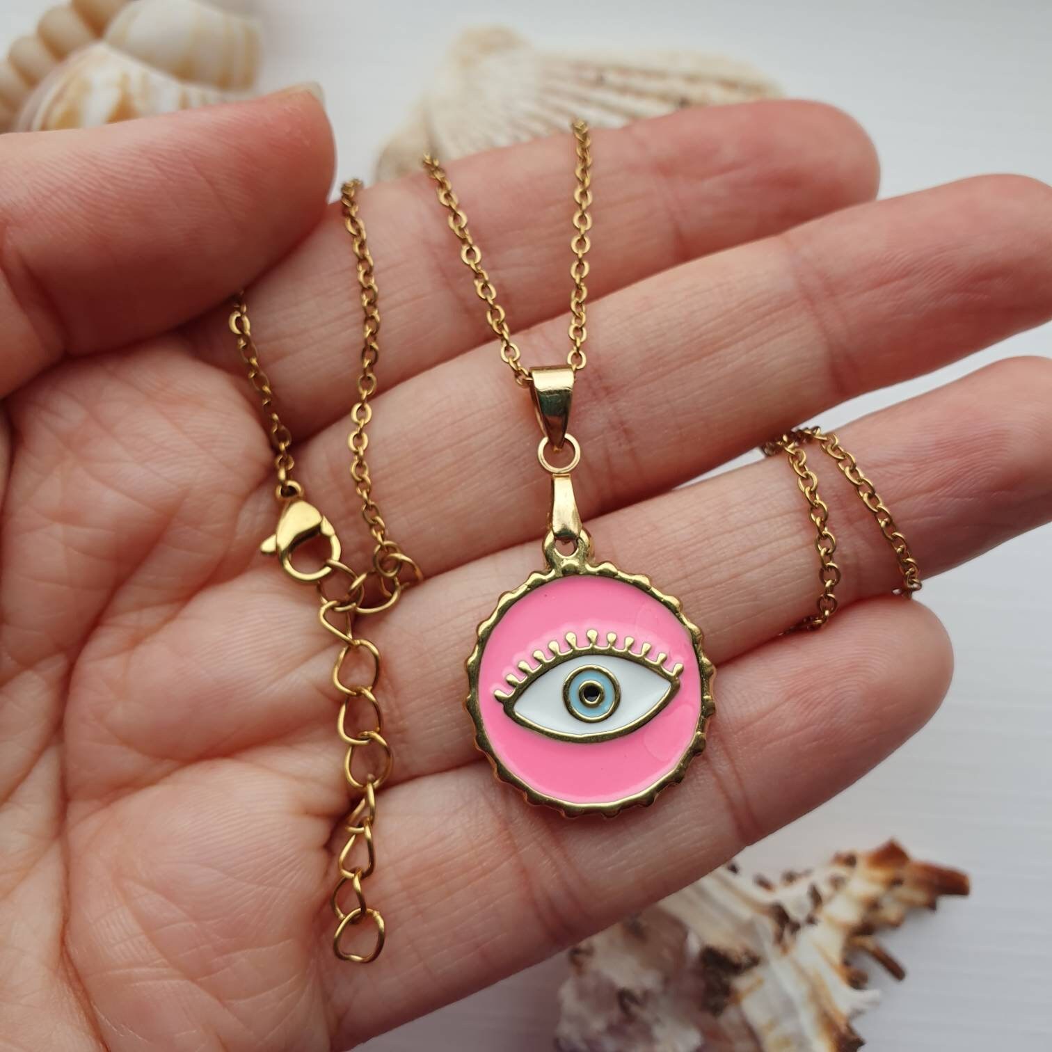 Evil Eye Necklace Pink Evil Eye Charm Necklace Pink Enamel Pendant