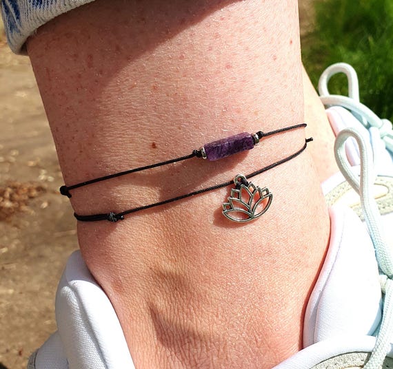 Lotus Flower & Amethyst Anklets February Birthstone Yoga Gifts Boho Anklets for Women  Black Cord Anklets Lotus Flower Anklet Jewellery Gift