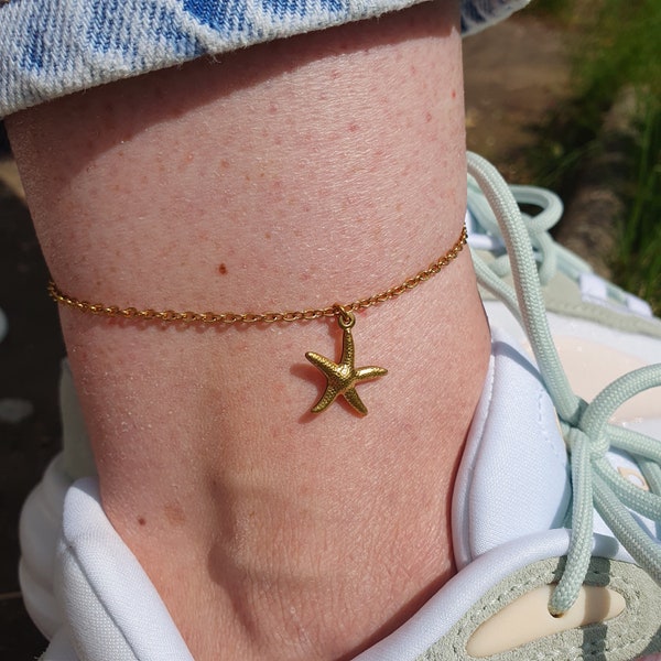 Starfish Anklet, Gold Stainless Steel, Water Resistant Anklet, Summer Anklet, Holiday Anklet, Gold Anklet, Gold Starfish Ankle Bracelet