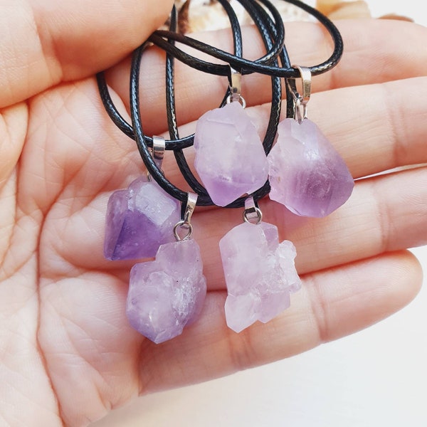 Raw Amethyst Crystal Necklace with Black Cord, Amethyst Necklace, Amethyst Pendant, February Birthstone, Amethyst Jewellery UK, Purple Stone