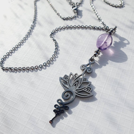 Unalome Lotus Pendant Stainless Steel Amethyst Necklace, Lotus Necklace, Lotus Flower Necklace, Unalome Necklace, Lotus Necklace, Yoga Gifts