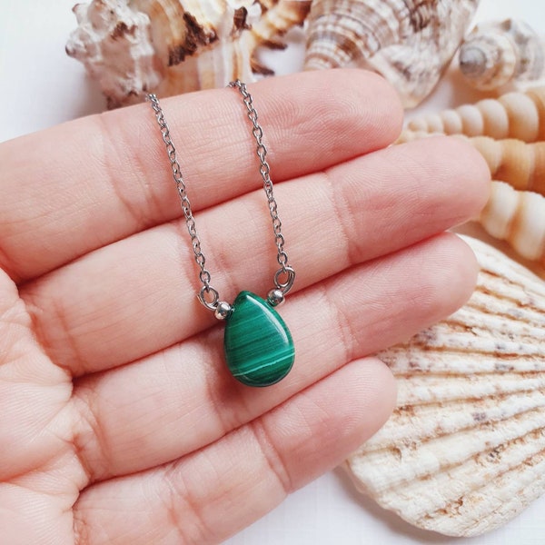 Natural Malachite Necklace, Stainless Steel Chain, NEVER TARNISH, Genuine Malachite Pendant, Malachite Necklace UK, Protection Necklace