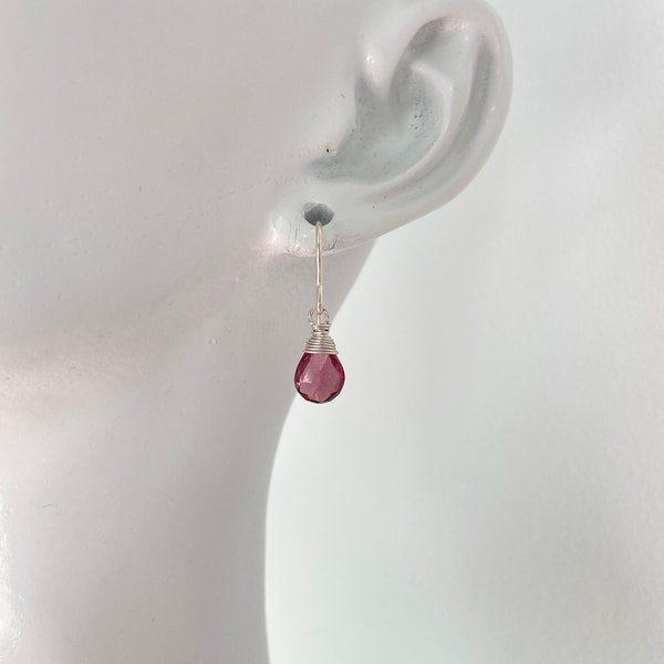 Garnet gemstone earrings, wire wrap garnet earrings, petite earrings, dainty earrings, silver, gold, rose gold earrings, January birthstone