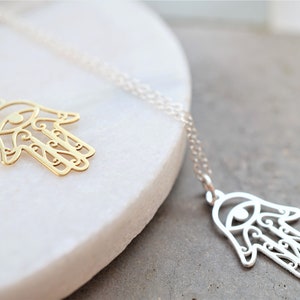 Hamsa hand charm necklace, Hand of Fatima pendant, protection charm necklace, dainty gold necklace, dainty silver necklace, gift for her