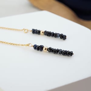 sapphire ear threader, sapphire earrings, September birthstone, September birthday, gold, silver sapphire earrings, gemstone ear threaders