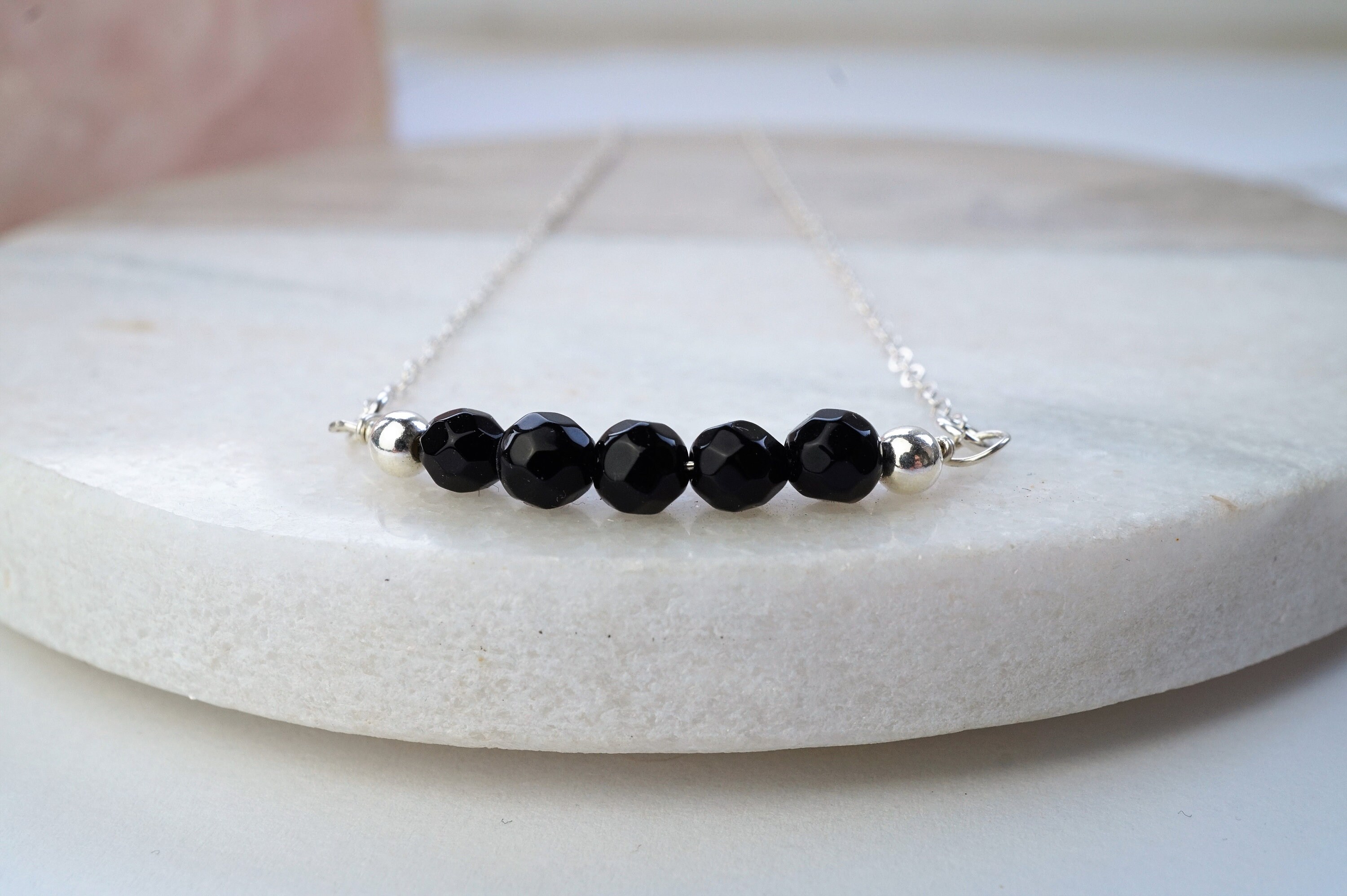 Black Onyx Necklace, Gemstone Bar Necklace, Dainty Layering