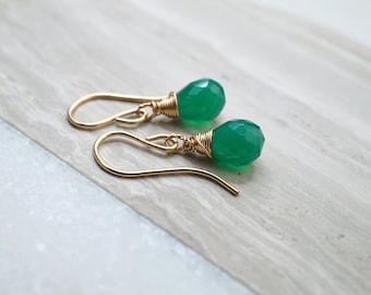 Green Onyx Wire Wrapped Earrings: May Birthstone, Gold or Silver